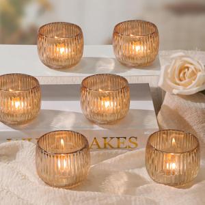 Set of 6 Ribbed Glass Votive Candle Holders, Gold Glass Tealight Holders for Taper Candles - Elegant Table Centerpieces for Weddings, Christmas, Parties, and Home Decor