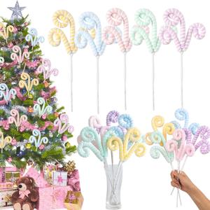 4 x 5pcs Set Macaron Color Christmas Decorations Picks, Pastel Woolen Candy Cane Christmas Tree Curly Picks, Christmas Tree Topper Decorations Home Vase Holiday Party Ornaments
