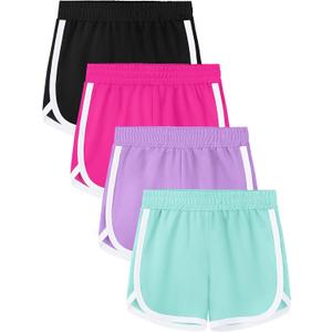 Aikuco 4 Packs Girls Athletic Shorts Toddler Soccer Running Active Dolphin Dry-Fit Kids Gym Workout Performance Shorts, Size: 10-12 Years