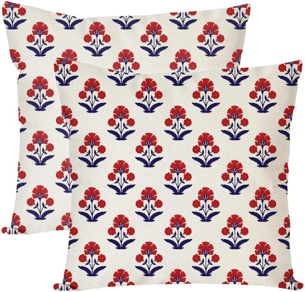 PANDICORN Block Print Throw Pillow Covers 20x20 Inch Set of 2 Red and Blue Vintage Boho Floral Outdoor Decorations Decorative Throw Pillows Cases Cushion Covers for Home Living Room Couch Decor