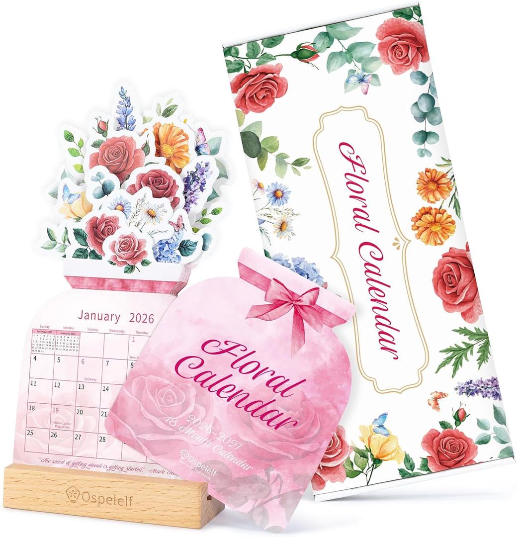 Ospelelf Floral Desk Calendar 2026-2027, Mini Pink Standing Motivational Rose Decorative Calendars, 18 Months, Home Office Decor Desk Accessories, Use January 2026 - June 2027