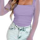 Women's Square Neck Mesh Long Sleeve Bodysuit Shirts Ruched Body Suit Leotard Tops, XS