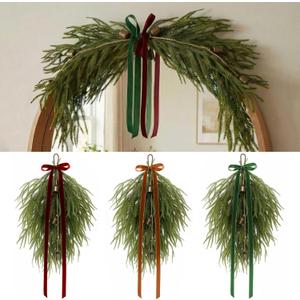 20.8" Christmas Teardrop Swag with Velvet Ribbon Bow Rustic Vintage Bell Artificial Norfolk Pine Needle Wreath for Window Mirror Outdoor Wall Front Door Mantle Decor (Khaki, Green, Burgundy)