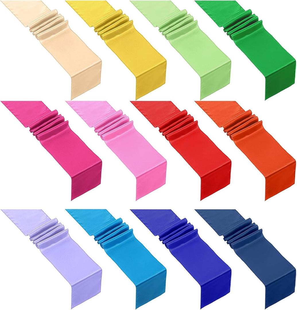 12 Pcs Multicolor Satin Table Runners, Disposable Silk Table Runners for Wedding, Banquet, Birthday, Christmas, Thanksgiving Party Decoration, 12 x 108 Inch