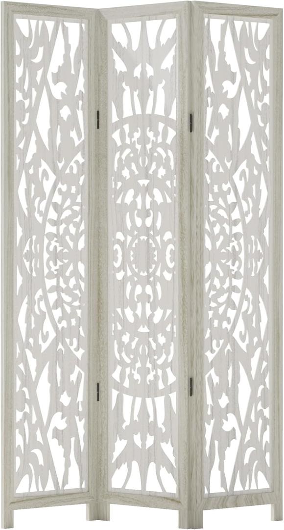 Casaphoria 68.9" Folding Room Divider, 3 Panels Carved Openwork Decorative Screen, No Assembly Freestanding Partition for Living Room Bedroom Home Office, Light-Filtering Space Divider (White)