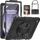 SEYMAC Case for Samsung Galaxy Tab A9+/ A9 Plus Case 11" 2023 (SM-X210/X216/X218), Heavy Duty Shockproof Protective Case with Screen Protector, Rotating Stand and Hand/Shoulder Strap, Black (11 inch, Black / Black)