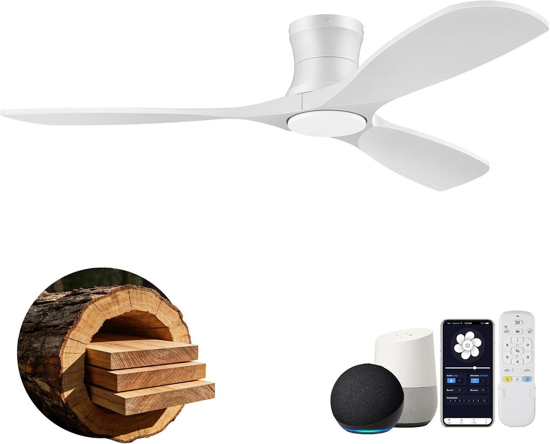 52” Smart Low Profile Ceiling Fans with Light Remote,Wood,Flush Mount,White, Control
