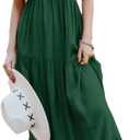Amegoya Women's Casual Short Sleeve V Neck Floral Maxi Dresses Boho Beach Photoshoot Flowy Ruffle Long Dress (Large, 3-dark Green)