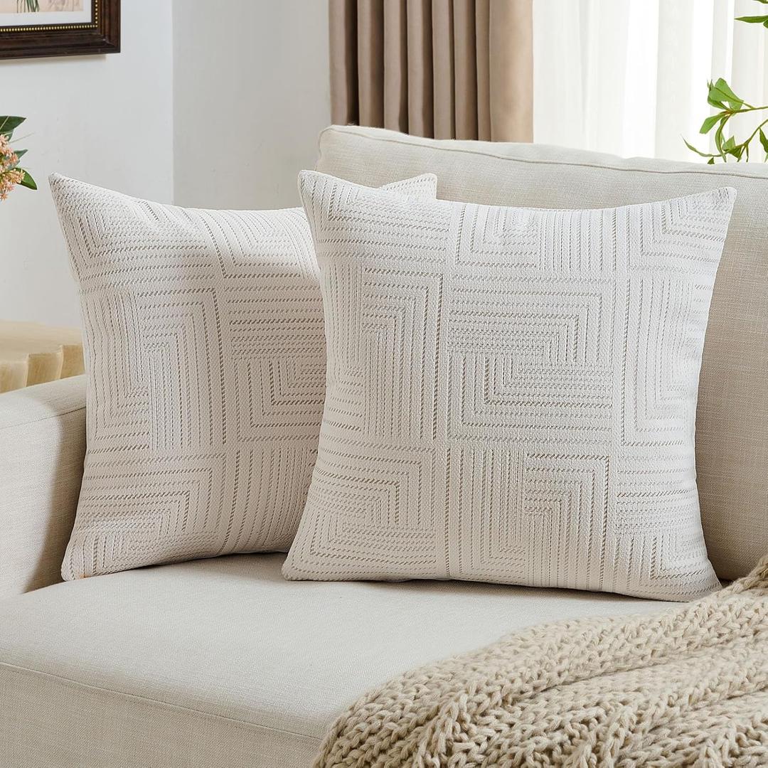 FUTEI Cream Decorative Throw Pillow Covers 18x18 Inch Set of 2,Soft Cozy Chenille Geometric Textured Cushion Case,Home Decor for Couch Bed Living Room