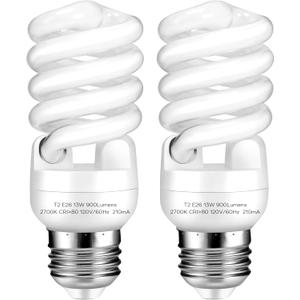 E26 Base 13W 2700K 900lm CFL Light Bulbs, T2 Spiral (60Watt Equivalent) Soft White Compact Fluorescent Light Bulbs, UL Approved, 120v 60Hz, Self Ballasted, Indoor Use (2 Pack)