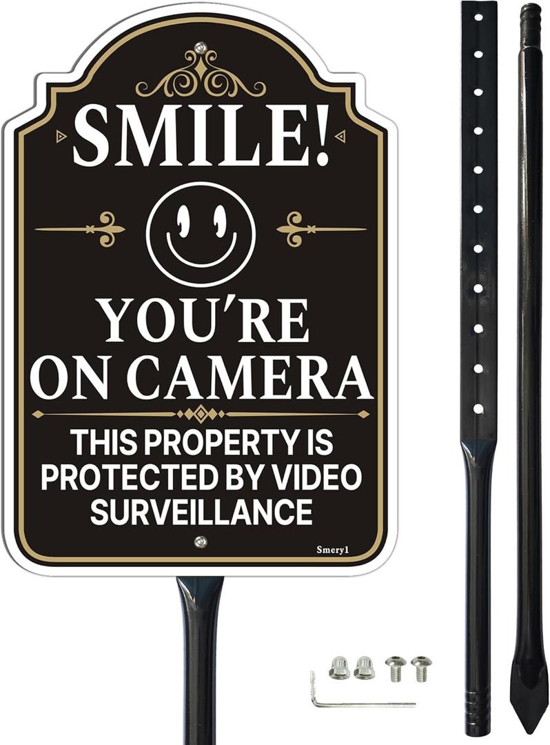 Smile Youre On Camera Sign, This Property Is Protected By Video Surveillance with 34.6" Stake for Yard, 12 x 8 Video Surveillance Sign, Smile Camera Signs, Rust-Free Aluminum, Weatherproof, Easy Installation, 1 Pack