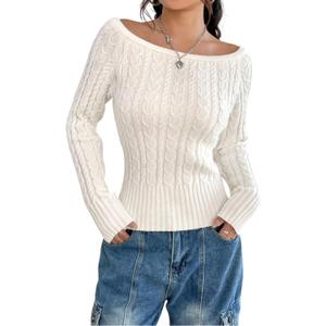 ZAFUL Womens Boat Neck Cable Knit Sweater, Long Sleeve Off Shoulder Ribbed Slim Fit Pullover Tops Cute Fall Outfits 2025 (Small, 1-white)