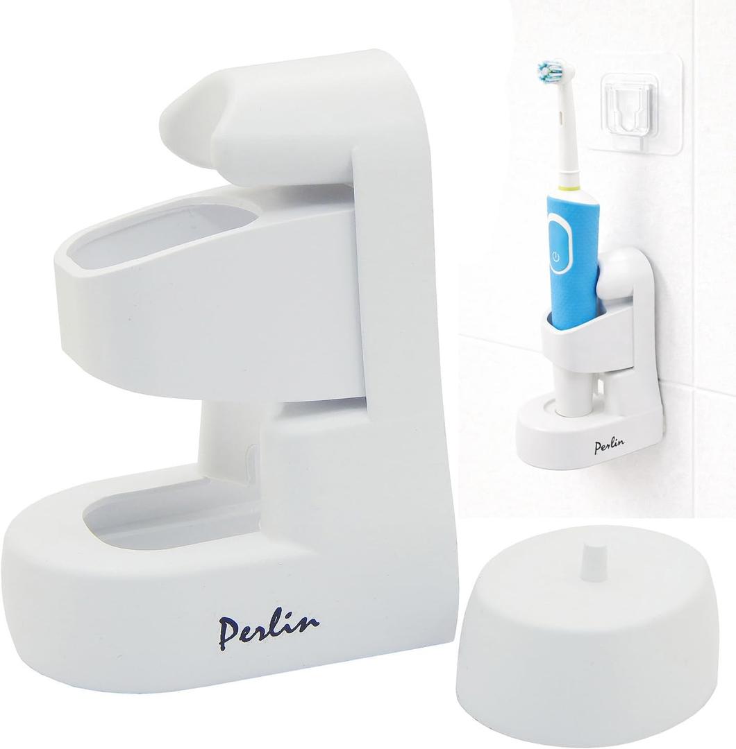 Perlin Electric Toothbrush Holder Wall Mounted No Drilling Self Adhesive Bathroom Organizer for Charging Station Universal Fit Waterproof Removable Space Saving White