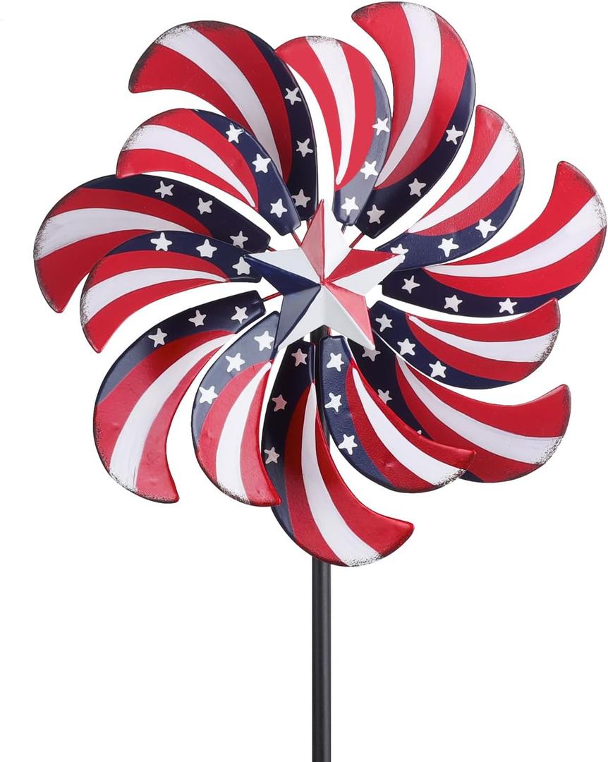 hogardeck 4th of July Wind Spinners Outdoor, Metal Wind Spinners with Stakes for Memorial Day Decorations, 360° Rotating Double Layers Windmill Yard Art for Outside Lawn Porch, Red White Blue