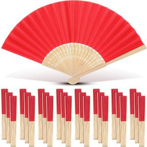 Yinkin 24 Pack Folding Fans Bamboo Handheld Folded Craft Hand Japanese Chinese Fans for Weddings Bridal Dancing Church DIY Decoration Women Kids Gift Party Favors (Red)
