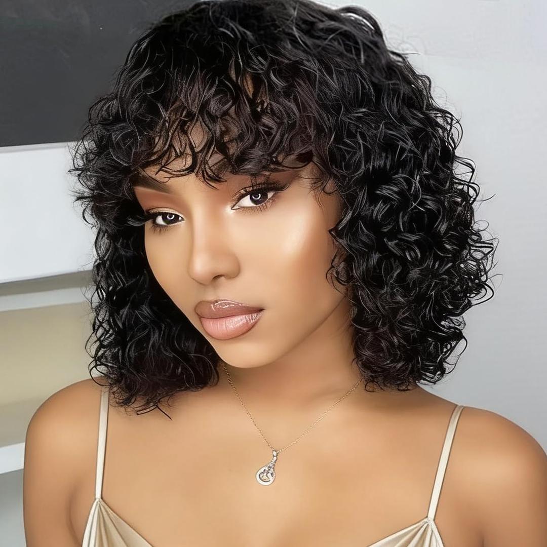 Short Curly Bob Human Hair Wig with Bangs 100% Human Hair Glueless Wear and Go No Lace Wig Machine Made Water Wave Bob Wig for Black Women Natural Black Color 12 inch