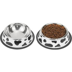 Stainless Steel Dog Bowls, Food and Water Non Slip Anti Skid Stackable Pet Puppy Dishes for Small, Medium and Large Dogs (2 Pack) (Cup/7 oz, Milk Cow)