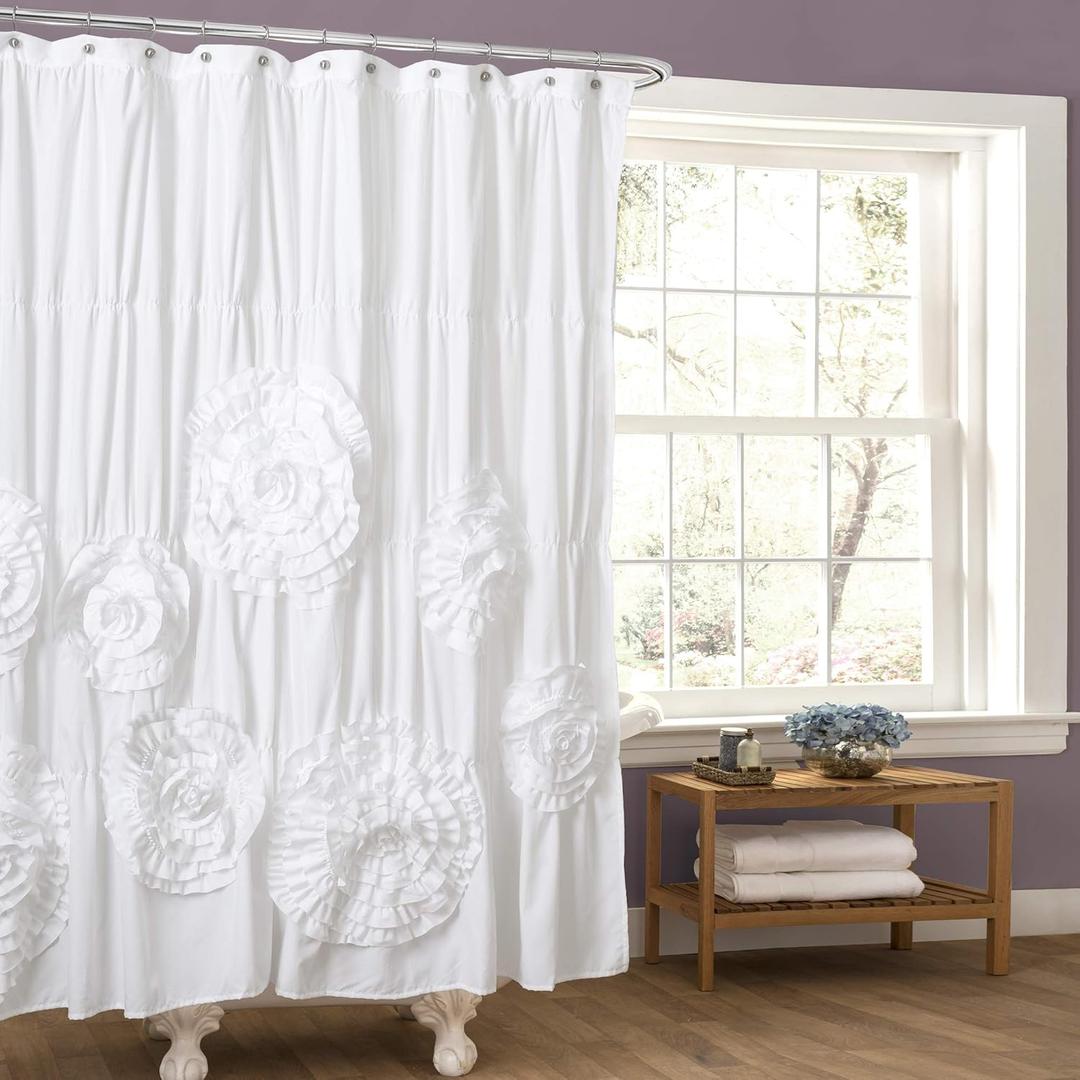 Lush Decor Serena Shower Curtain, 72" W x 72" L, White - Ruffled Bathroom Curtain - White Fabric Shower Curtains - Coquette Decor