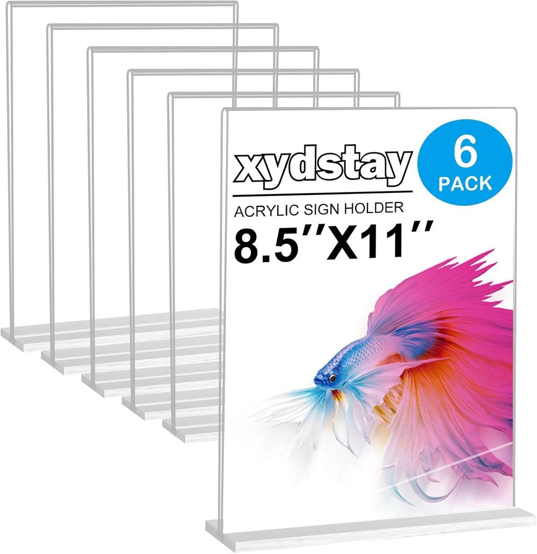 xydstay 6pack Acrylic Sign Holder 8.5 X 11, Vertical T Shape Clear Plastic Sign Holder, Menu Holder, Table Display Stand for Restaurant, Office, School, Store and Home Use
