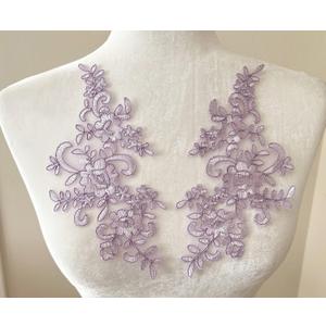 PEPPERLONELY 1 Pair Bridal Lace Flower Sew on Embroidered Lace Applique Wedding Dress Bride's Headdress Adornment DIY Patch Clothing Accessories, 22 x 10cm, Violet