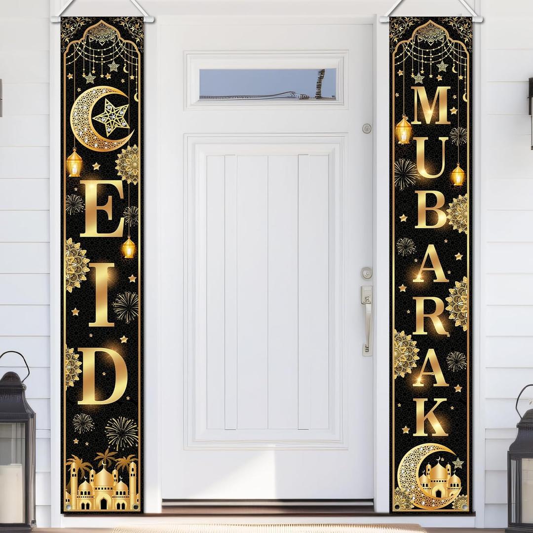 Avezano Eid Mubarak Banner Eid Decorations Black and Gold Muslim Ramadan Door Banner for Home Ramadan Decorations Indoor Outdoor