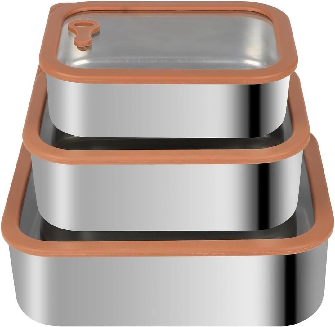 304 Stainless Steel Food Storage Containers - Heat-Resistant Glass Lid Set for Secure Meal Prep, Ideal for Cooking, Office & Camping (3pcs-21 oz, 42 oz and 70 oz)