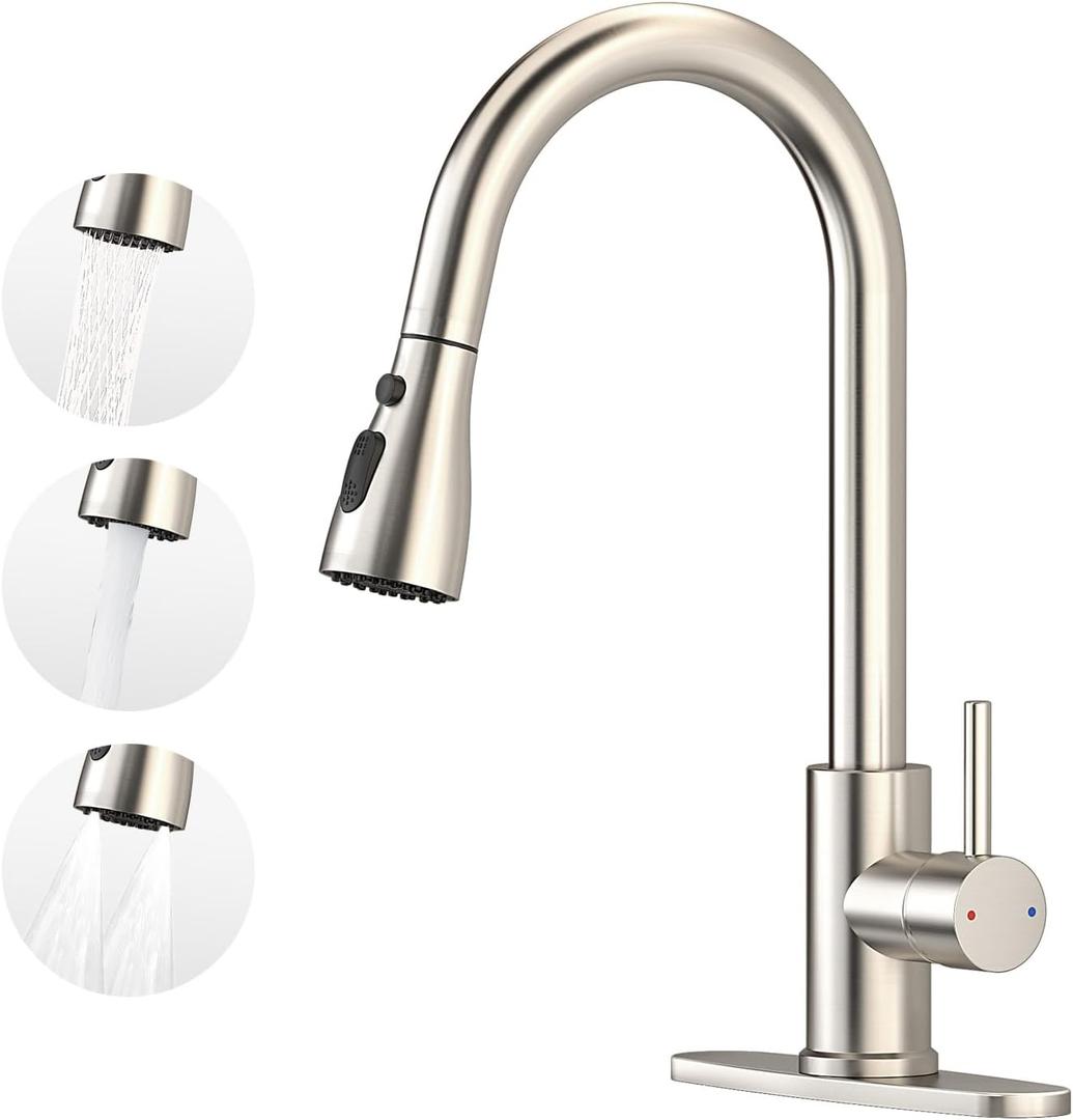 Oersitor Kitchen Faucet with Pull Down Sprayer，Brushed Stainless Steel Single Handle Kitchen Faucet，Multiple Modes Switch Water, 1/ 3 Hole, Deck Plate Included (Brushed Nickel)