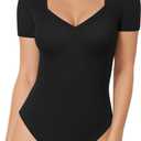 MANGOPOP Sweetheart V Neck Bodysuits for Women Long Short Sleeve Body Suits Tops Shirt (Large)