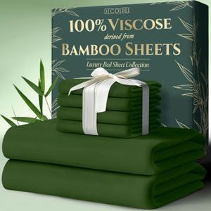 DECOLURE 100% Viscose Derived from Bamboo Sheets Queen Size 6pcs - Ultra Soft & Luxuriously Cooling, 17" Deep Pocket, Double Stitching, Perfect for Hot Sleepers - Queen Bed Sheets (Olive)