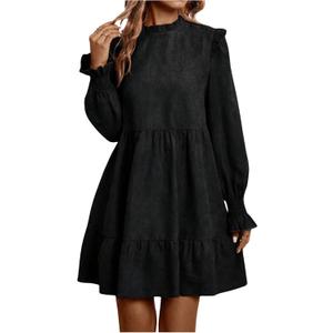 MakeMeChic Women's Ruffle Smock Dress Long Sleeve Mock Neck Shirred Frill Trim Short Dresses (Medium)