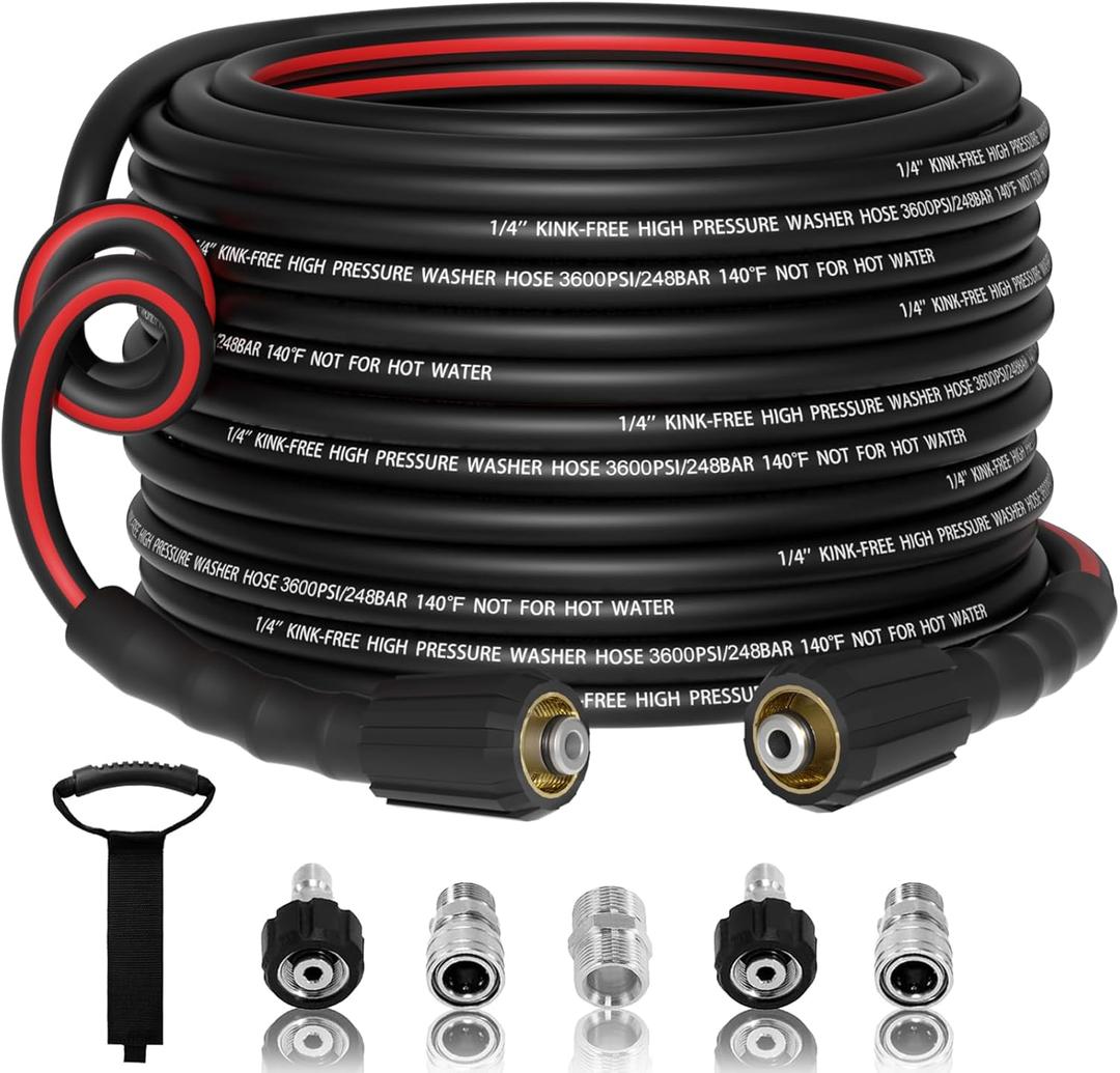 Flexible 1/4" Pressure Washer Hose 50FT,3600PSI Kink Resistant Power Washer Replacement Hose with Leak-Free M22-14mm&3/8" Quick Connect Kit,Used for Extension