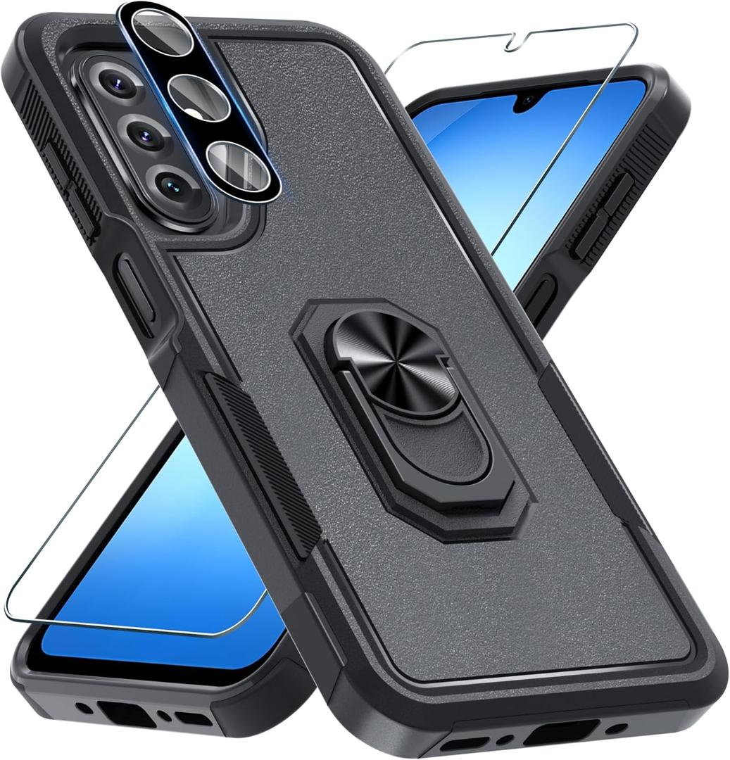 Janmitta for Samsung Galaxy A17 Case with Screen Protector+Camera Lens Protector,Heavy Duty Shockproof Full Body Protective Cover Built in Rotatable Metal Ring Holder Kickstand,Black Matte