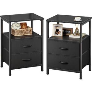 Huuger Night Stand Set of 2, Nightstand with 2 Drawers, Bed Side Table with Open Shelf, Wooden Top, End Table, Fabric Drawer, for Bedroom, Black