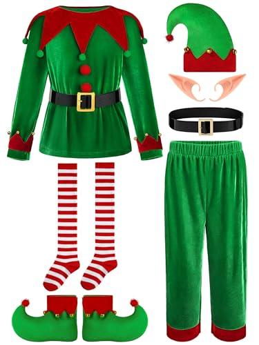 FancyFun 6 Pack Christmas Kids Elf Costume, Boys Christmas Elf Costume Velvet Cosplay Santa's Helper Costume Xmas Outfit 8-10Y