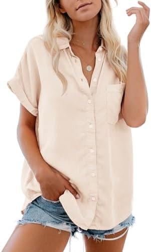 Womens Button Down Casual Shirts Cotton Short Sleeve Blouses Solid Summer Tops with Pocket M