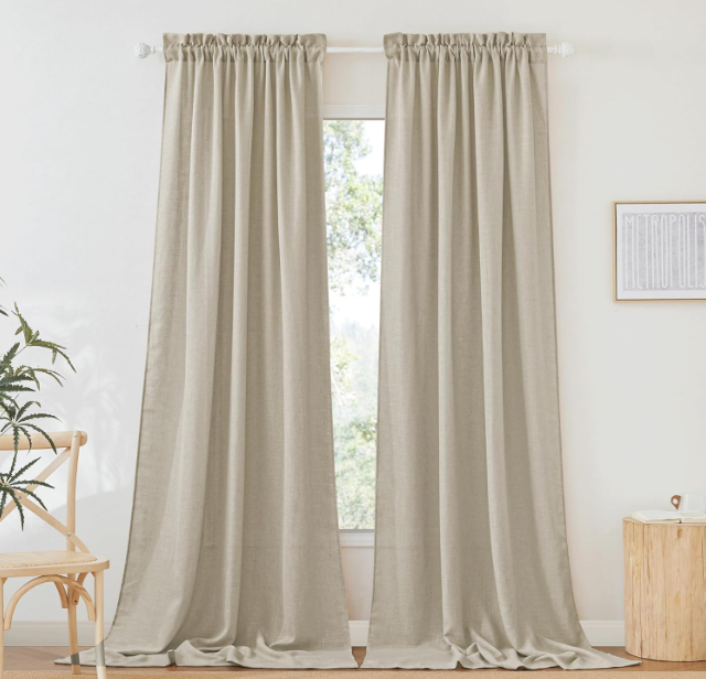 RYB HOME Semi Sheer Curtains 95 inches Long, Thick Privacy Added Line Wave Textured Window Treatments for Living Room Bedroom Sliding Door, Beige, W 52 x L 95, 2 Panels