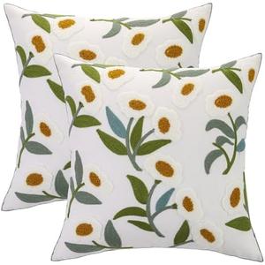 4 Pack Tosleo Embroidered Throw Pillow Cover 18 x 18 inch Orange Floral with Green Leaves Spring Decorative Pillowcase Square Accent Cushion Cover for Sofa Couch Bedroom
