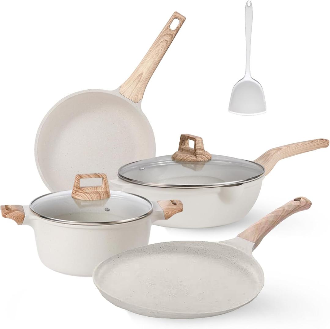 Pots and Pans Set, White Nonstick Induction Cookware Sets with Stay-Cool Handles, Kitchen Pan Sets for Cooking with Saucepan & Frying Pans & Crepe Pan, PFOS and PFOA Free (7pcs)