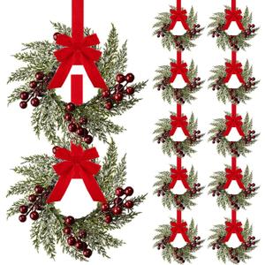 12 Pieces 8" Mini Christmas Wreaths - Small for Kitchen Cabinet/Window/Front Door, Artificial Red Berries & Pinecones, Christmas Candle Rings, Table/Farmhouse Decoration (No Ribbon)