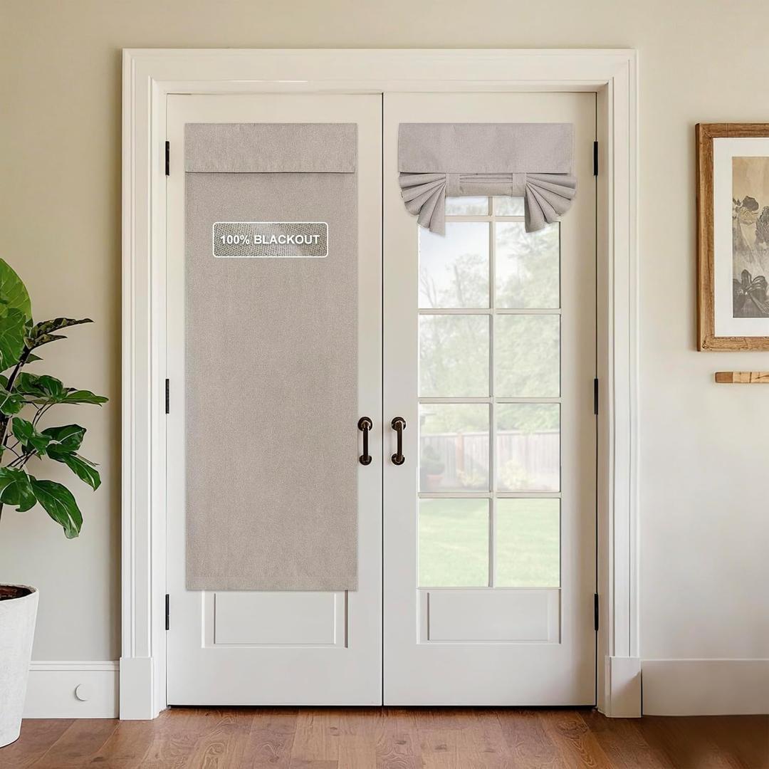 StangH 100% Blackout French Door Linen Curtain, Thermal Insulated Lightweight Window Blind Privacy Tie Up Door Shade for Bedroom Living Room,Greyish Beige, W30 x L69, 1 Panel