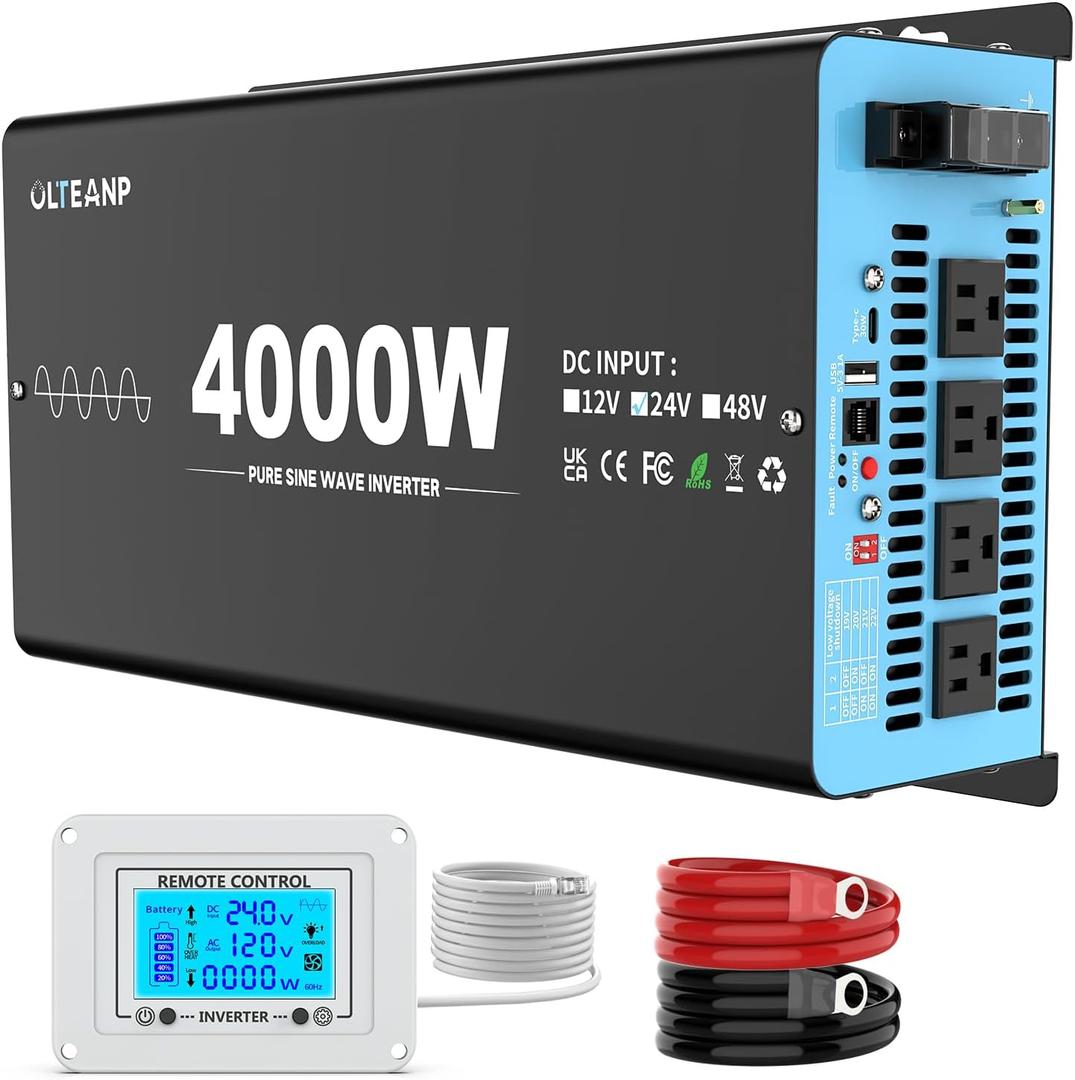 24V 4000W Pure Sine Wave Inverter 24V DC to 110V AC, 8000W Peak Power, 4 AC Outlets, USB & Type-C Port, Adjustable Input for Lithium Battery, Solar/RV/Off-Grid Backup with LCD Remote