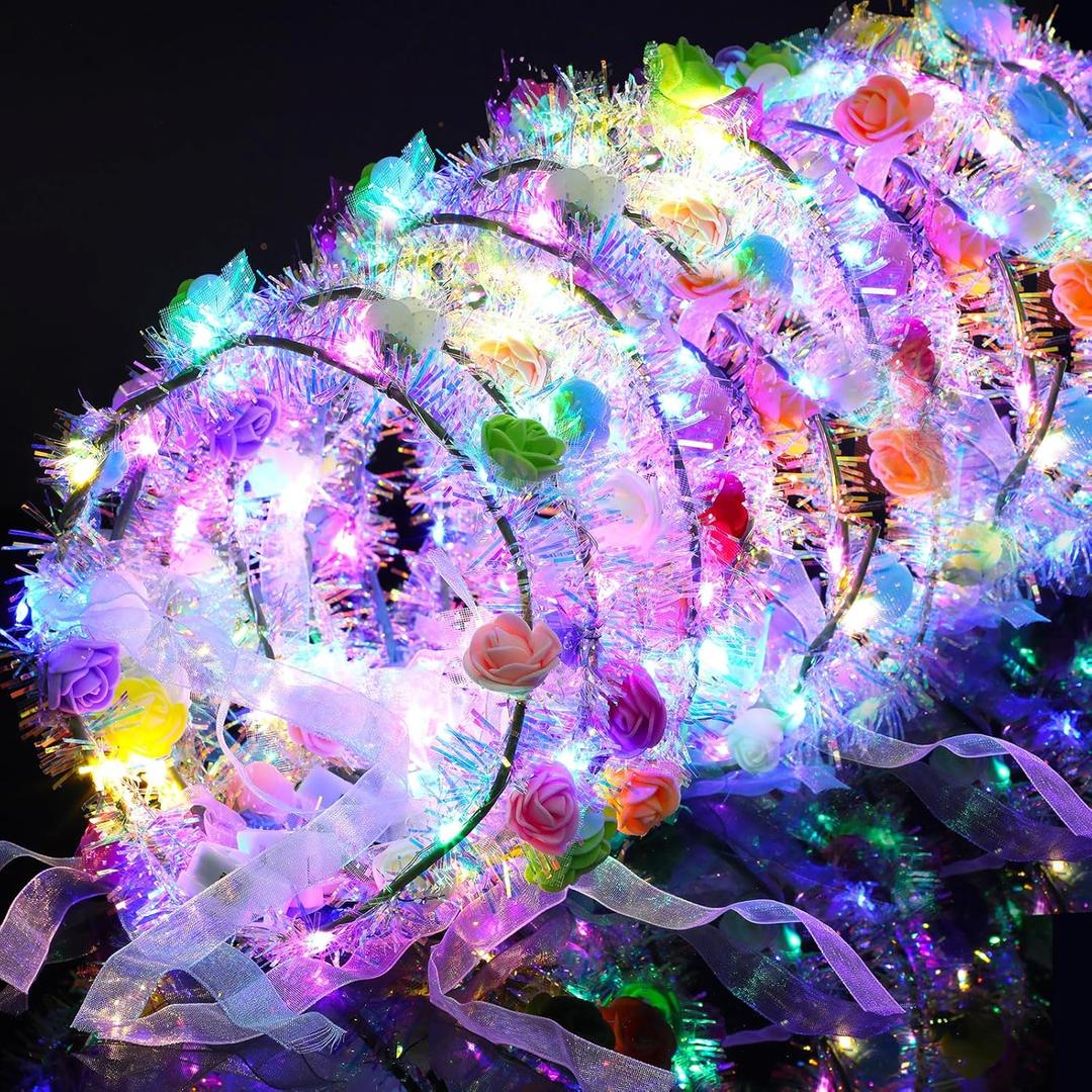 Yunsailing 64 Pcs Mardi Gras Light up Flower Crown Valentine Glow Themed Party LED Headband Girl Headpiece Glowing Floral Headdress(Elegant)