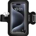 JEMACHE Slim Running Phone Armband for iPhone 17 16 15 14 Pro Max, Samsung Galaxy S26 S25 S24 S23 Ultra/Plus with Earphone Holder (Black, L)