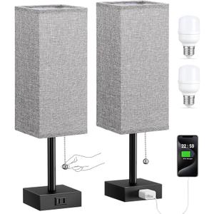 Grey Bedside Lamps for Bedroom Set of 2 - Small Nightstand Lamp with AC Outlet Charging Port, 3 Color Temperatures Rectangular Desk Light with Bulb, Tabletop Reading Lamp for Living Room/Dorm/Office