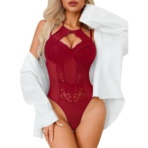 Girece Women Teddy Lingerie Sexy Snap Crotch Lace Bodysuit Halter One Piece Lingerie Top with Underwire Push Up Bra, Medium