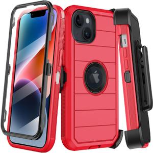 for iPhone 14 Plus Case with Belt Clip Holster,Built-in Screen Protector,Heavy Duty Shockproof Drop Protection Military Grade Rugged Phone Cover with Kickstand for Apple 14 Plus (Red)