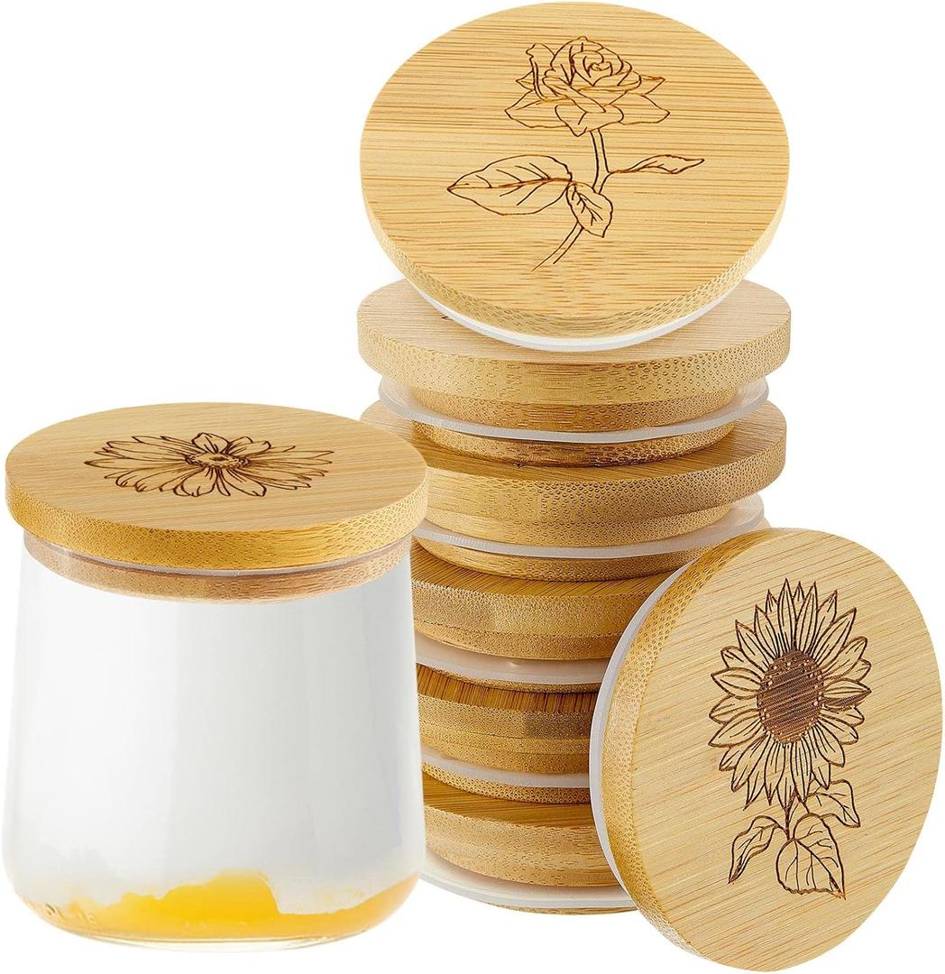 Gueevin 6 Pieces Yogurt Jar Lids Bulk Bamboo Wooden Lids Set Compatible with Oui Yogurt Jars Round Reusable with Silicone Sealing Rings Brave Flower Rose Sunflower Daisy for Kitchen Food Storage