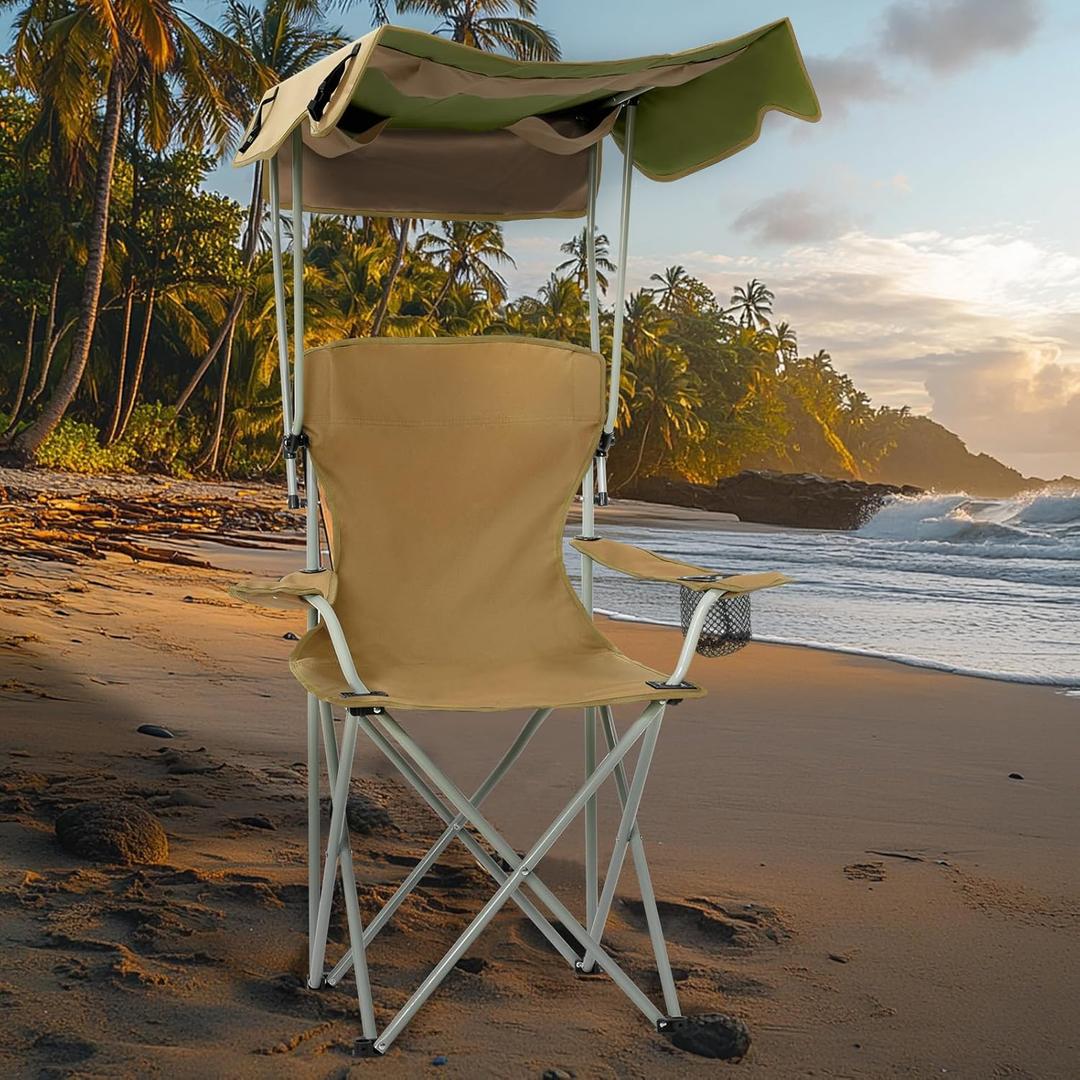 Portable Folding Camping Chairs with Canopy Shade, Beach Chair for Adults, Durable Weather Resistant Oxford Cloth, Camping Chair with Canopy for Outdoors (Khaki)