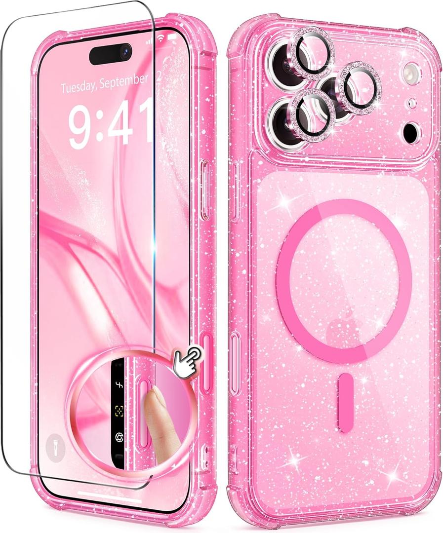 BERFY for iPhone 17 Pro Case for Women, Compatible with MagSafe, Clear Glitter Shockproof Protective Case, Anti-Yellowing, with Screen Protector & 3 Diamond Camera Lens Covers 6.3", Sparkle Hot Pink
