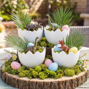 AceOrbit 4 Pcs Dinosaur Themed Party Decorations Easter Table Centerpiece Plastic Egg Shape Vases Treat Boxes Snack Trays for Adult Dinosaur Birthday Themed Party Supplies